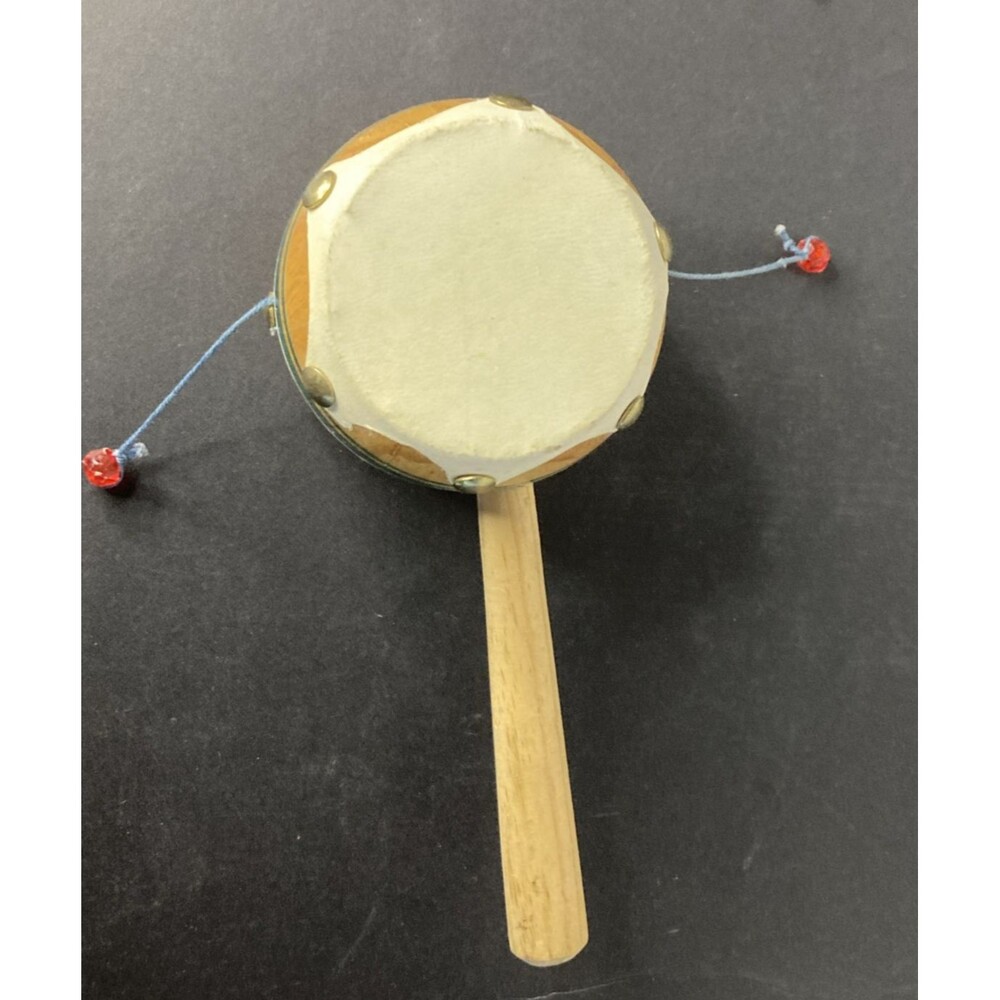 Vintage Handmade Rawhide Spin Drum Handheld Wood Musical Instrument Folk Art